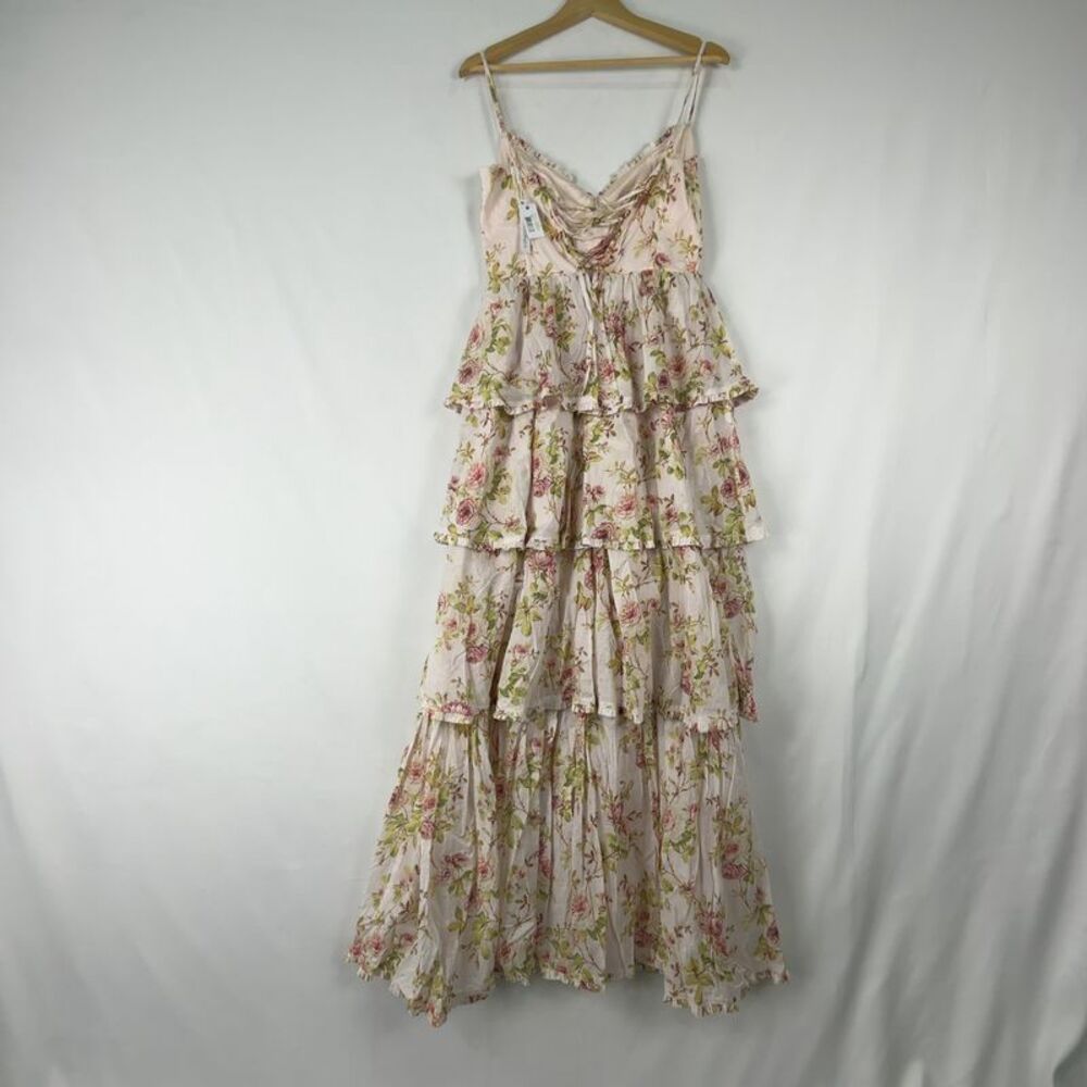 V. Chapman Cream Floral Tiered Maxi Dress with Pink and Green Accents - Picture 2 of 6